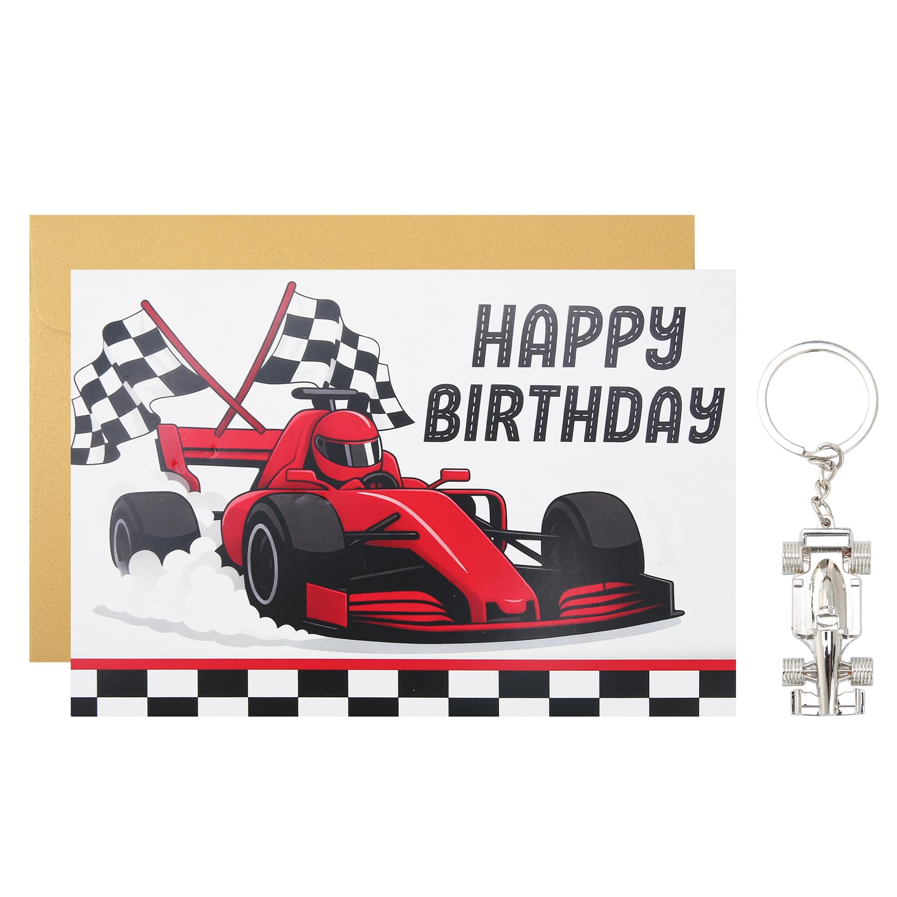 Wasise Go Karting Birthday Card - Go Karting Gifts, Funny Birthday Card for Racing Enthusiasts, Racing Car Gifts with Keychain for Boy Nephew Uncle Lovers, Christmas Gifts, Blank Inside with Envelope
