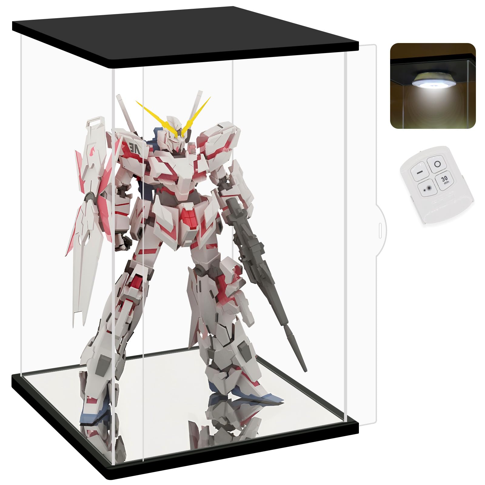 Photo 1 of NONEMEY Clear Acrylic Display Case with Remote Control Light for Unicorn Gundam?Dustproof Model Showcase Organizer Box, Display Case for Collectibles (13.7x9.8x21.6inch,35x25x55cm) black-remote control light 13.7×9.8×21.6inch,35×25×55cm