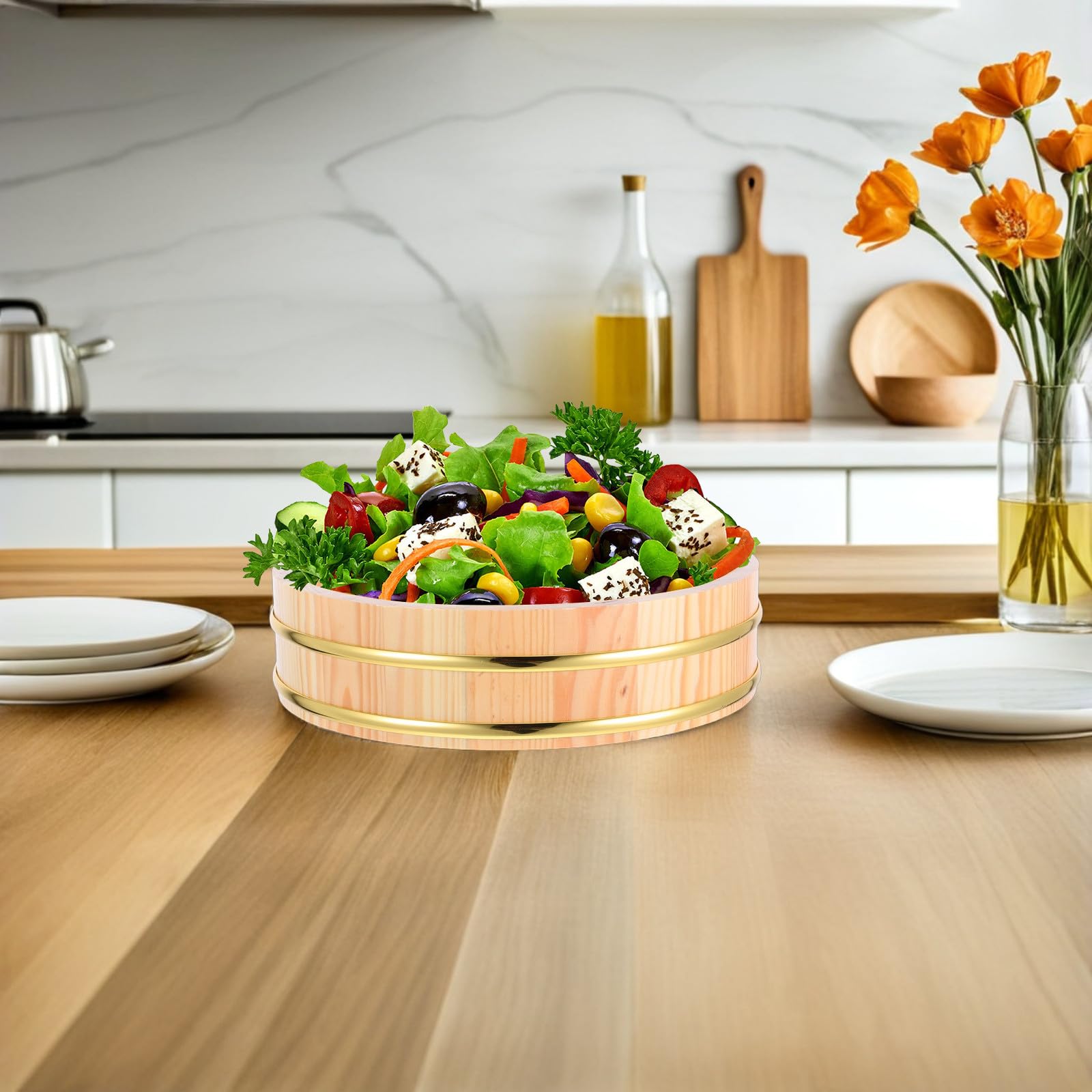 VOSAREA Holz Sushi Reis Mischwanne Hangiri 26cm mit Goldrand Robuste Sushi Oke Schale für Zubereitung und Küchenaufbewahrung in Restaurants und Zuhause
