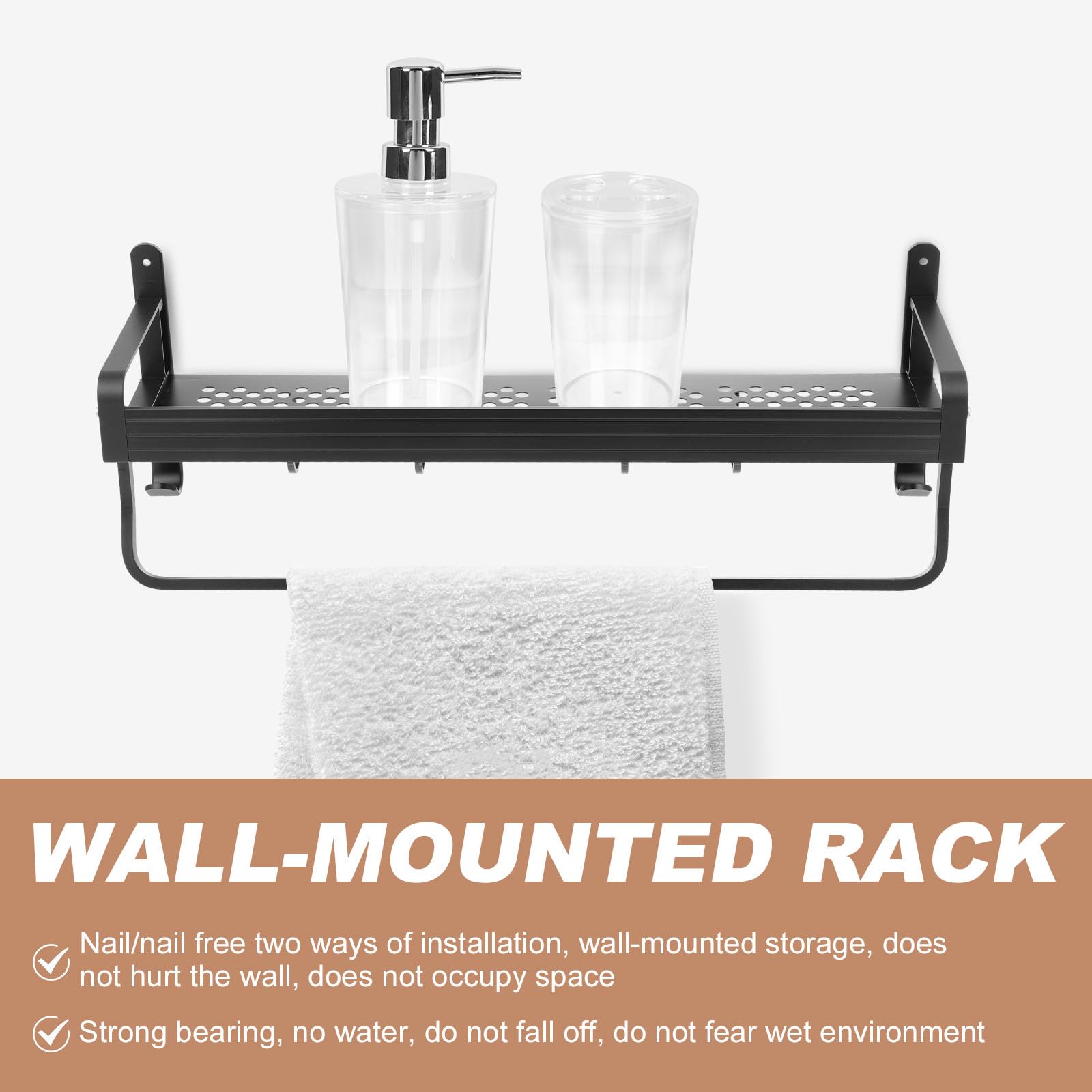 Tofficu Estante de Almacenamiento sin Taladro para Baño de 50 Cm, Aluminio Espacial Negro, Gancho para Colgar Utensilios y Toallas, Organizador Multifuncional para Ducha y Aseo Doméstico