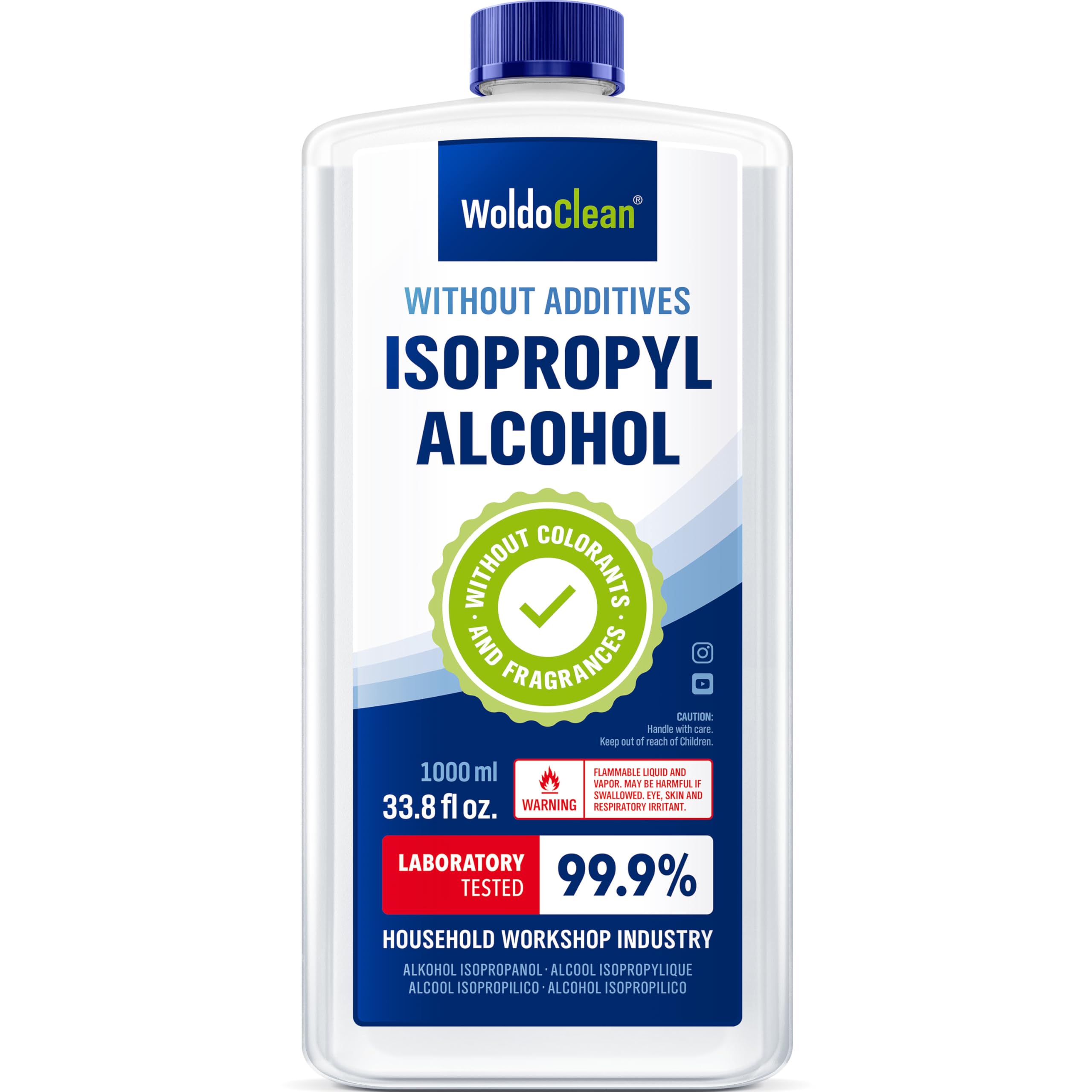 WoldoClean Isopropanol 99,9% Reinigungsalkohol 1L - IPA hochrein, farblos & geruchsneutral, rückstandslos für Elektronik, 3D-Drucker, Glas & Metall