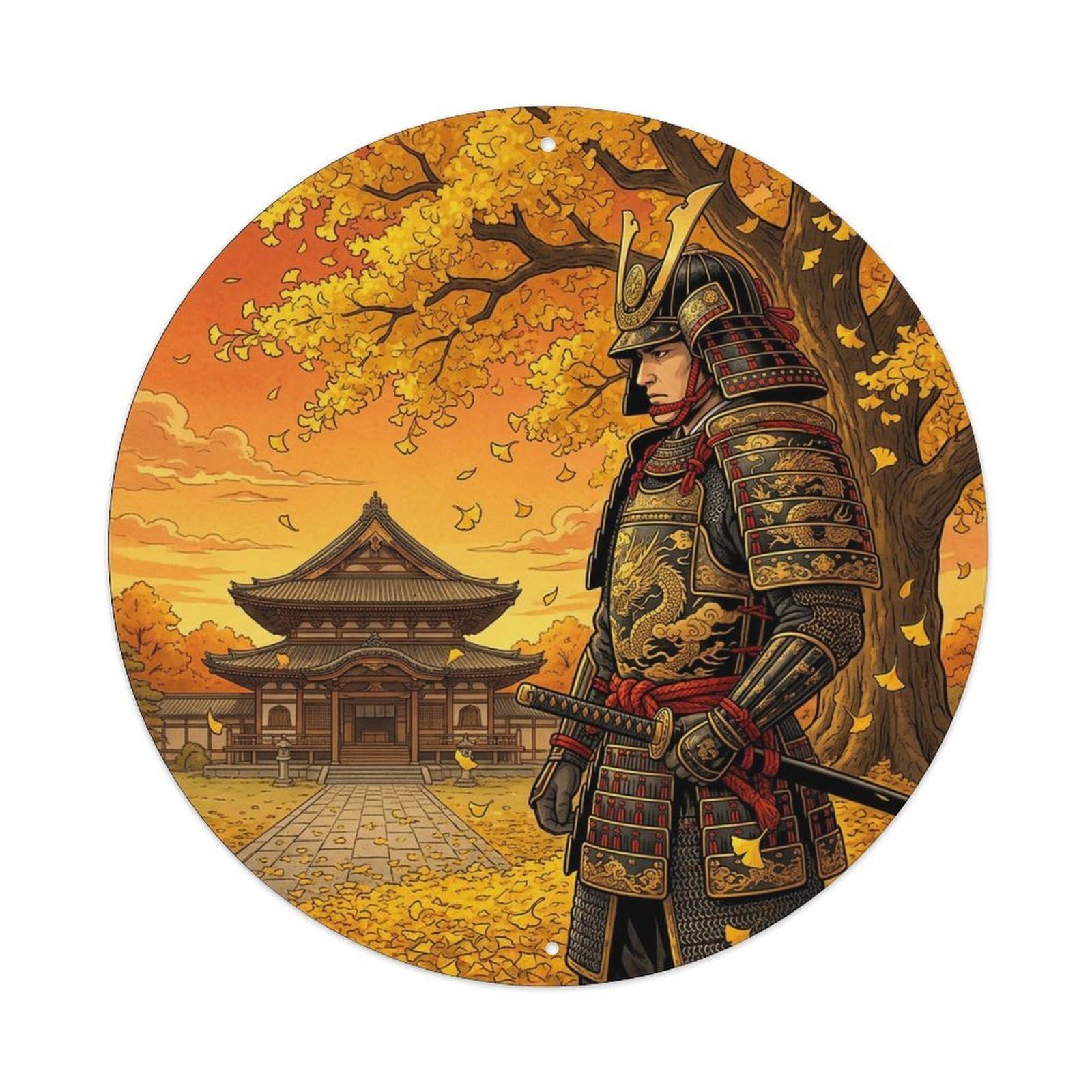 Okngb Style Bushido Ginkgo Tree Golden Timeless Armor Duel Crest Metal Tin Sign Plaque Wall Decor For Cafe, Man Cave, Club Bar, Office, Home Garden Round Metal Poster 8X8inch