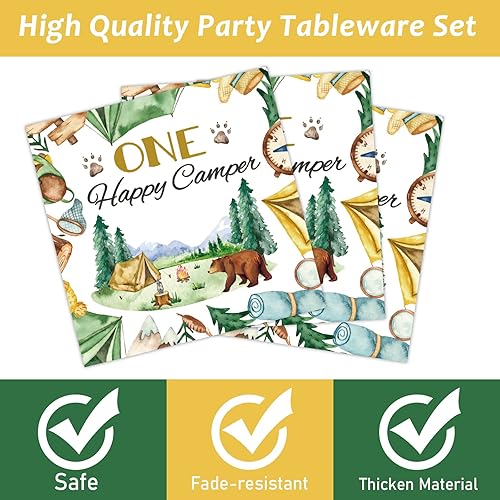 Miniatura 3 de Tevxj Juego de 96 piezas de vajilla de un campista feliz, platos de papel desechables para el primer cumpleaños, platos de fiesta Happy Camper,