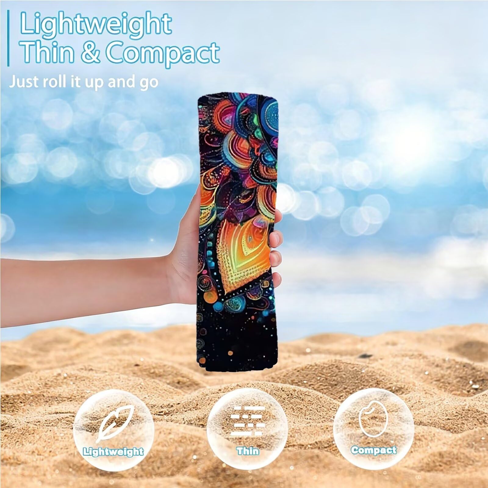 Telo Mare Microfibra - Telo Mare Grande 100x220 cm - Ultra Leggero - Asciugatura Rapida | Asciugamano Mare Donna e Uomo: Facile da Pulir - nero, per Spiaggia, Piscina, Viaggio, Mandala (2) 0J-176