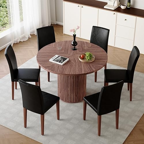 Miniatura 17 de Juego de mesa de comedor redonda para mesa de comedor de madera acanalada de 4,42 pulgadas para 4 con pedestal cilíndrico, juego de mesa y sillas de