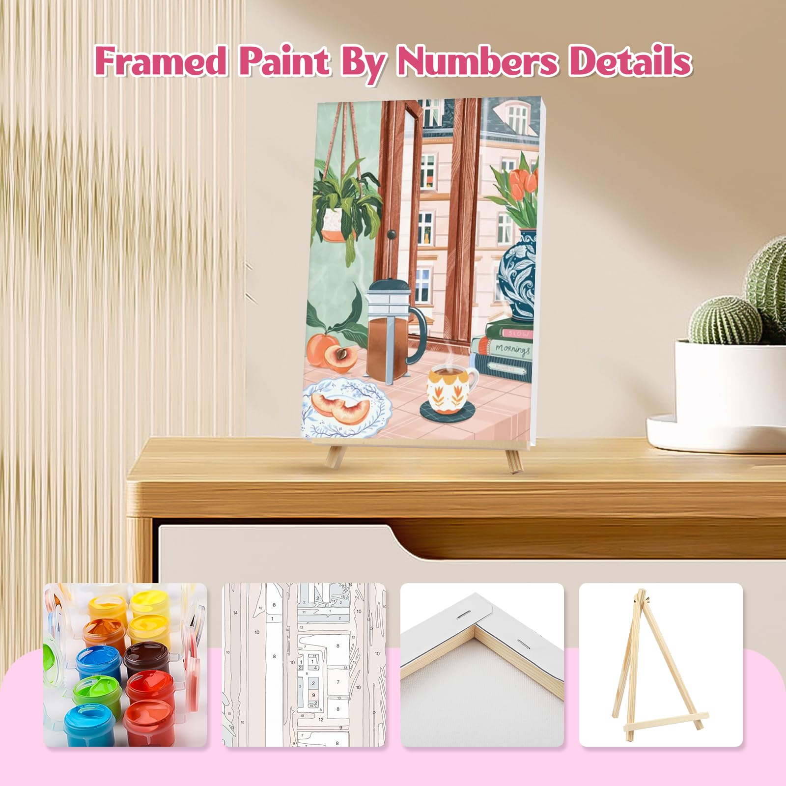 NAIMOER 4 Pezzi Cibo Dipingere con i Numeri Adulti Bambini con Cornice Detentore, Caffè Tè Paint by Numbers Kit Dipingere con i Numeri Pigmento Acrilico Decorazione Regalo 20x30cm