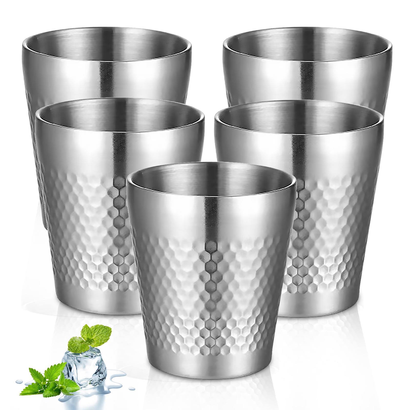 PORFOYO 5 sztuk kubków ze stali nierdzewnej, 300 ml, metalowe kubki ze stali nierdzewnej, podwójne ściany, metalowe kubki do picia, ze stali nierdzewnej, kubki kempingowe, nietłukące się, do domu, na