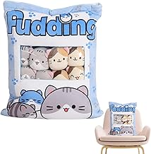 Kawaii Plush Pillow Cushion Cute Snack Bag Pillow,Removable Fluffy Animal Dolls, with Mini Soft Pudding Plush Stuffed Animal Fluffy Hugging Pillow Cushion Novelty Gift,8 Cute Cat (Blue)
