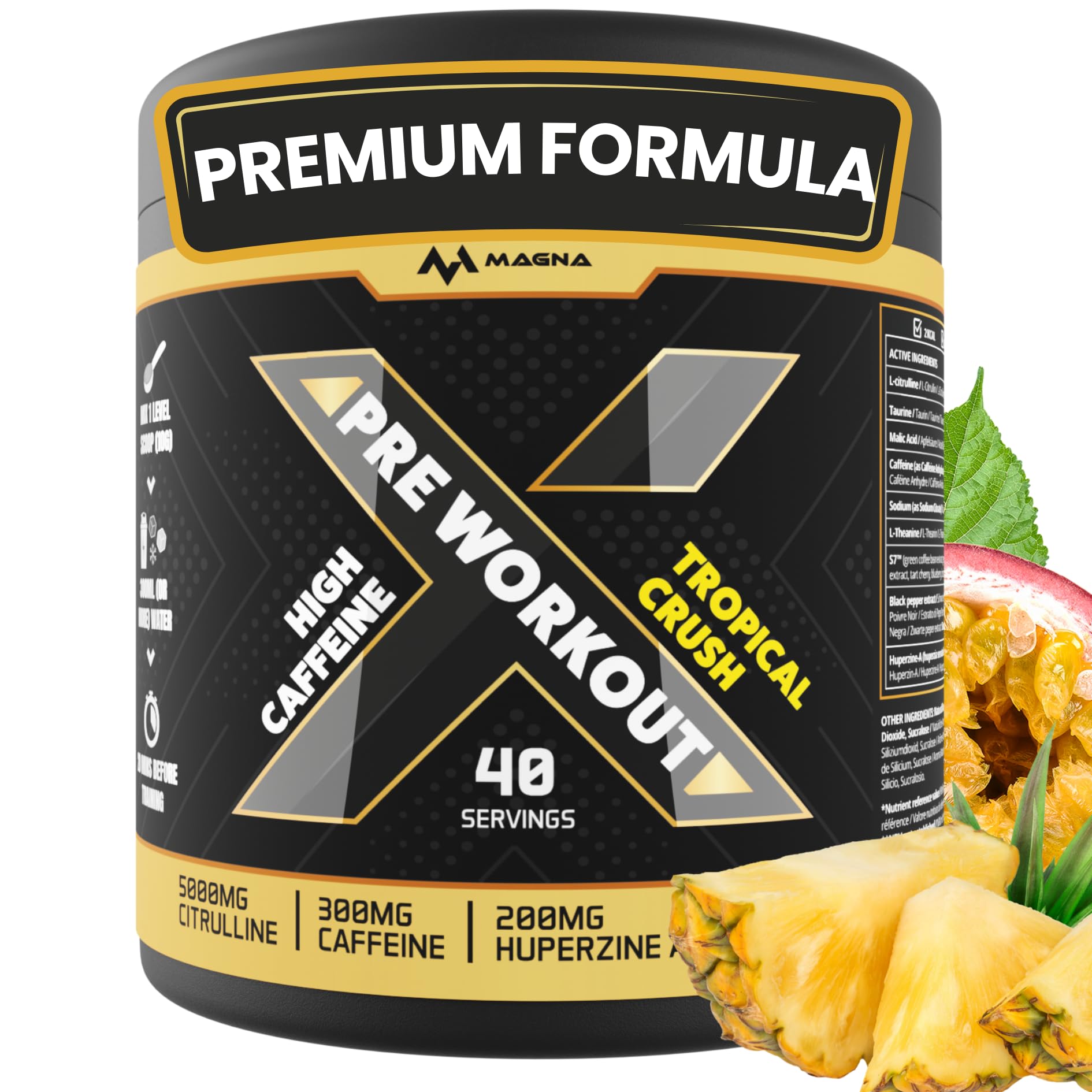 Premium, Complete High Caffeine Pre Workout Powder Drink with L-Citrulline & S7® | Tropical Crush Flavour | Makes 40 Drinks (400g) | Magna X