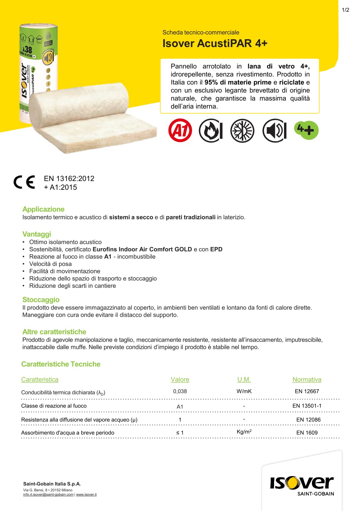 Pannello arrotolato in lana di vetro Isover AcustiPar 4+ spessore mm70 (1 confezione da 12 mq)