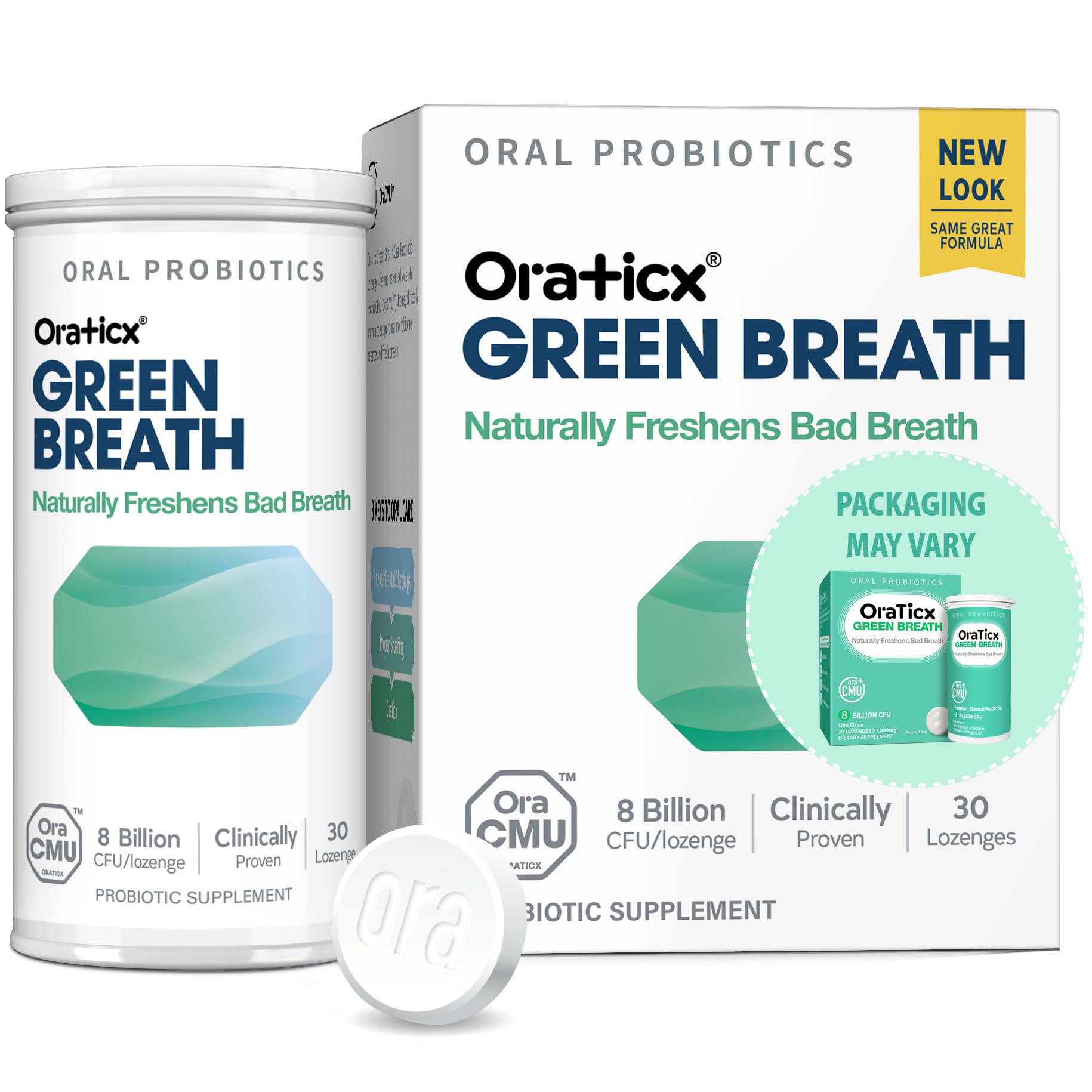 Green Breath Oral Care Probiotics, Naturally Support Freshens Bad Breath & Healthy Mouth, Dental Probiotic Supplement 8 Billion CFU, Mint Flavor 30 Lozenges 1-PK