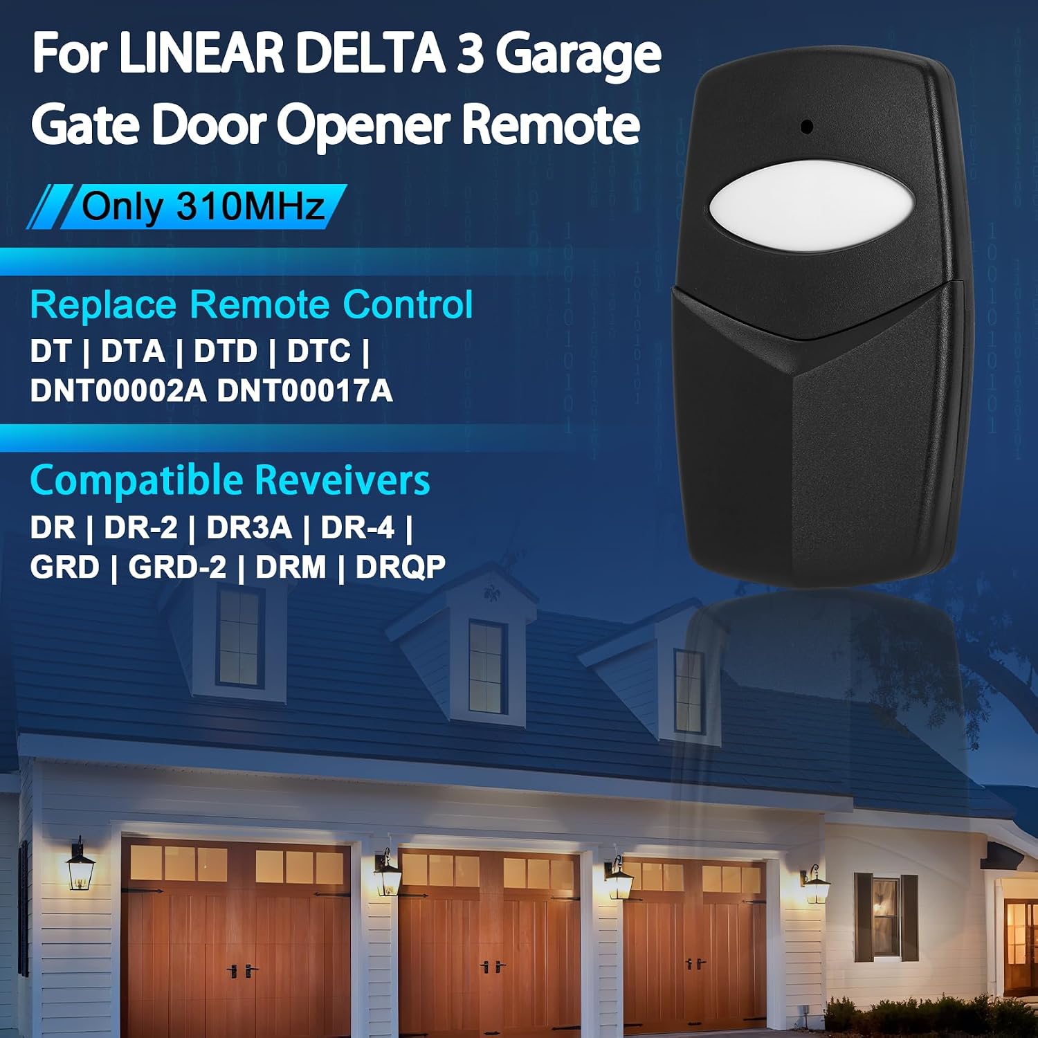 1 for Linear DTC Delta 3 Remote, 310MHz 8 Dip Switch Garage Door Opener for Linear Delta 3, 8 Digit Gate Remote, Digital Control Replacement for DT DTA DTD DT2D DT4A, Gate & Door Opener
