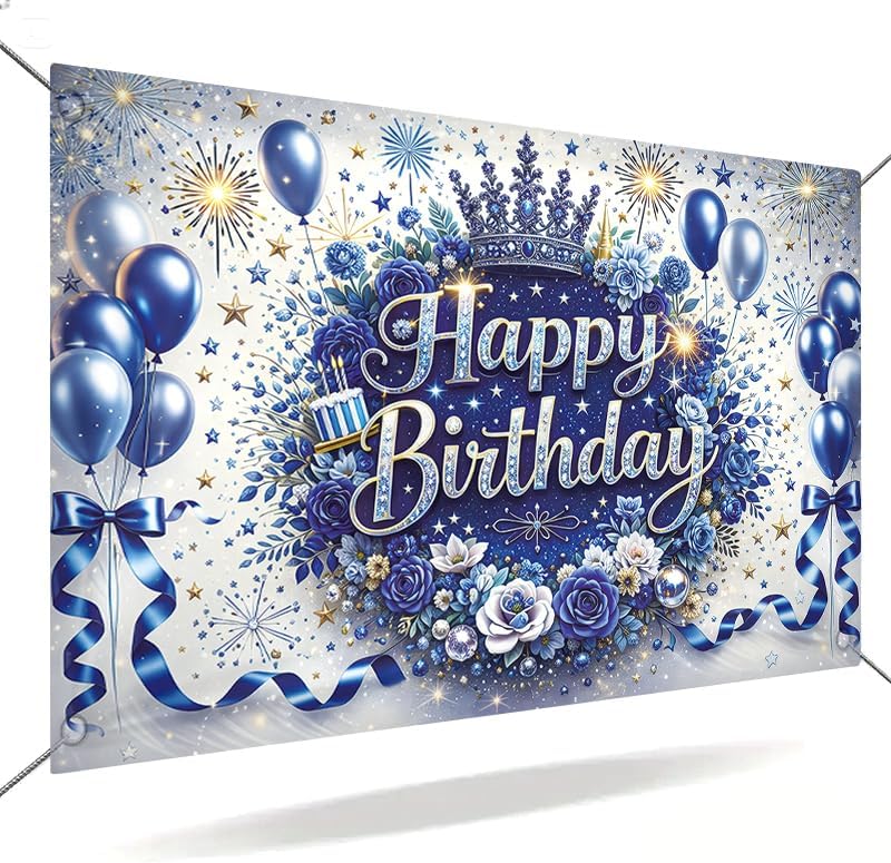 Happy Birthday Banner Blue Silver Theme 71 x 43 Inch Elegant Birthday Party Decoration Backdrop Wall Hanging Polyester Banner Indoor Covered Outdoor Display