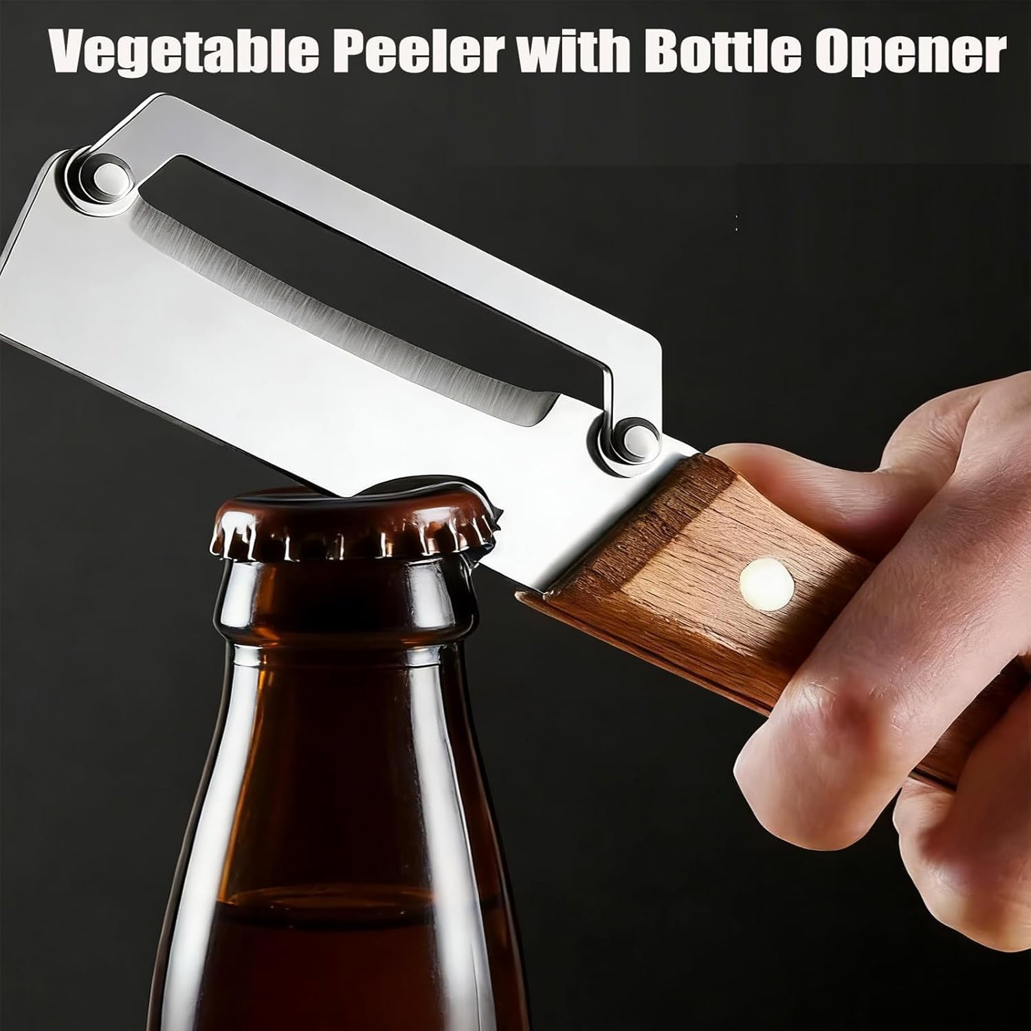 Pelador de verduras multifunción 2 en 1 para cocina con hoja de acero inoxidable ultraafilada y mango de madera ergonómico: pelar patatas, zanahorias y abrir botellas de vino sin esfuerzo (1pc) — view 6
