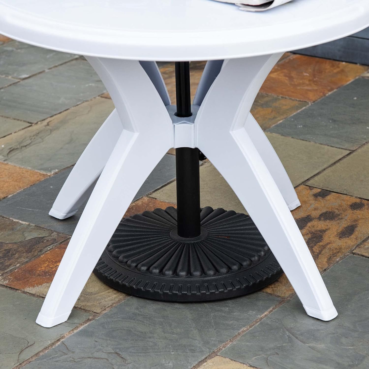 Outsunny 36.25" Dia Round Plastic Patio Table with Umbrella Hole, Outdoor Bistro Dining Table, for Bar, Garden, Backyard, Poolside, Yard, White
