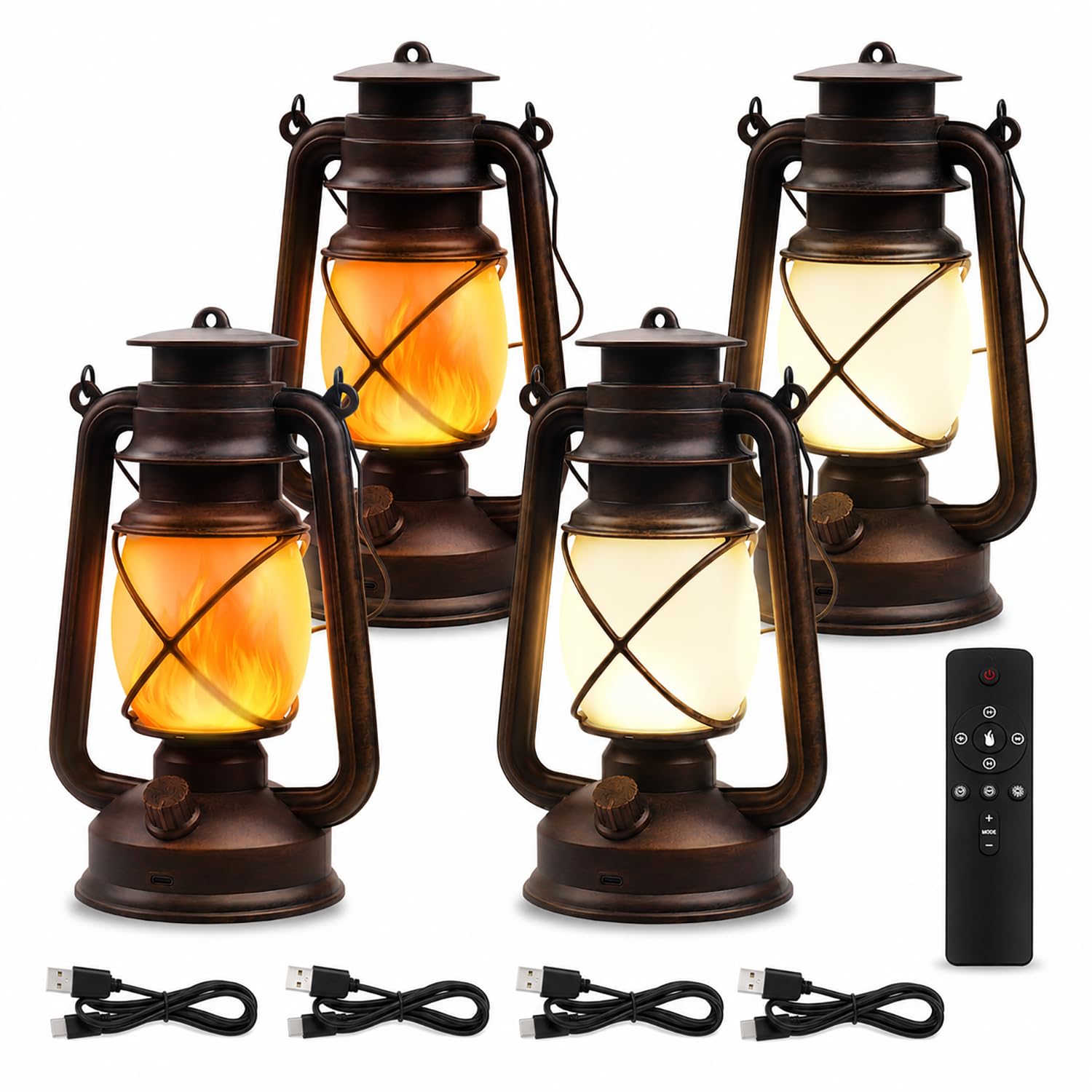 Wiederaufladbare LED-Laternen, 4 Stück, USB-Aufladung, Vintage-Bronze, Campinglampen mit flackernder Flamme, Fernbedienung, 4 Modi, Hängeleuchten für Terrasse, Garten, Veranda, Hinterhof, Innen- und