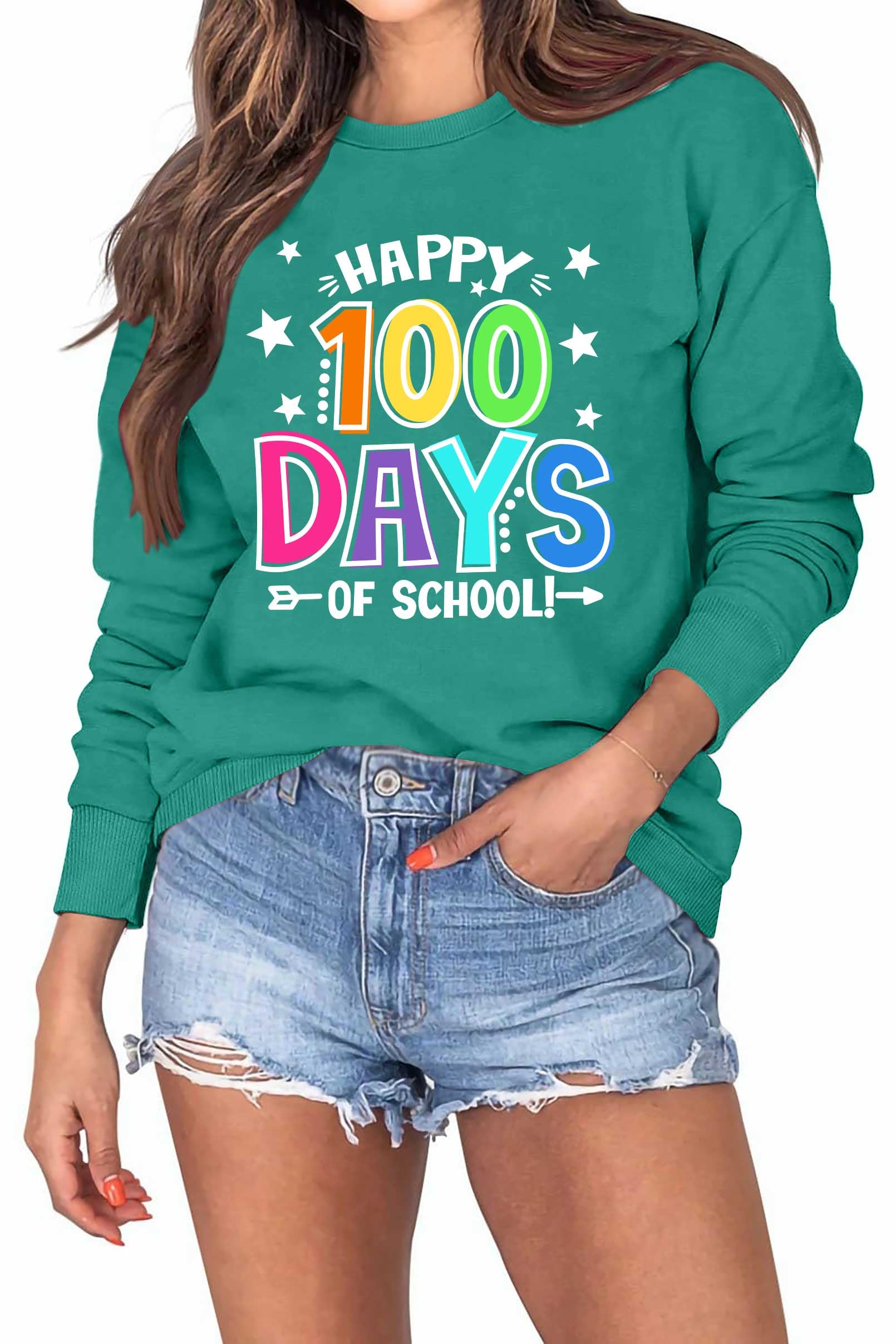 100 Days of School Sweatshirt for Women Happy 100th Days Shirt Teacher Pencil Graphic Long Sleeve Tee Tops-image-38