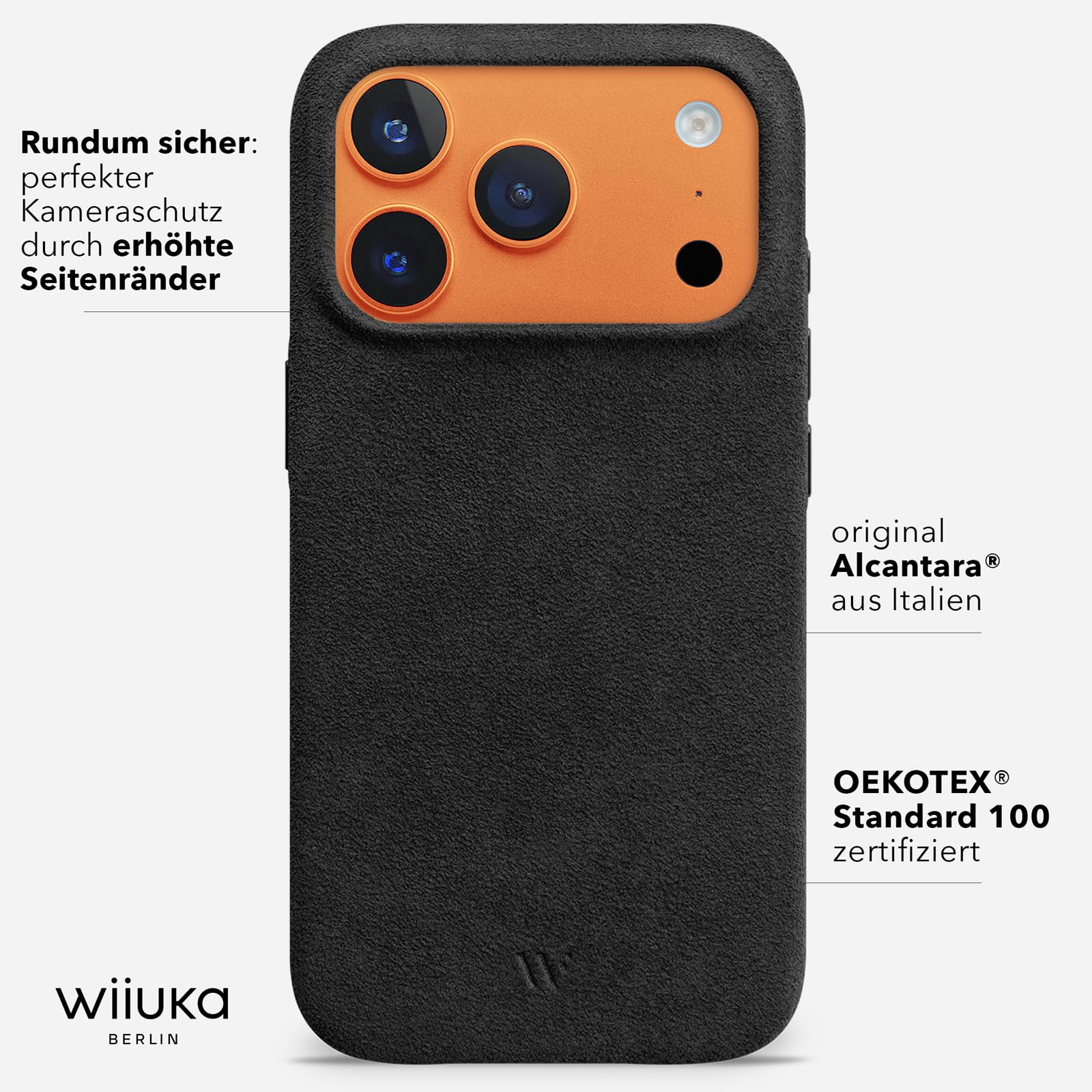 WIIUKA Hülle für iPhone 17 Pro, original Alcantara®, handgefertigt, 360° Schutz, extra schlank, Premium Handyhülle, Case, Qi, Leder-Alternative, skiin VL Alcantara®, Schwarz