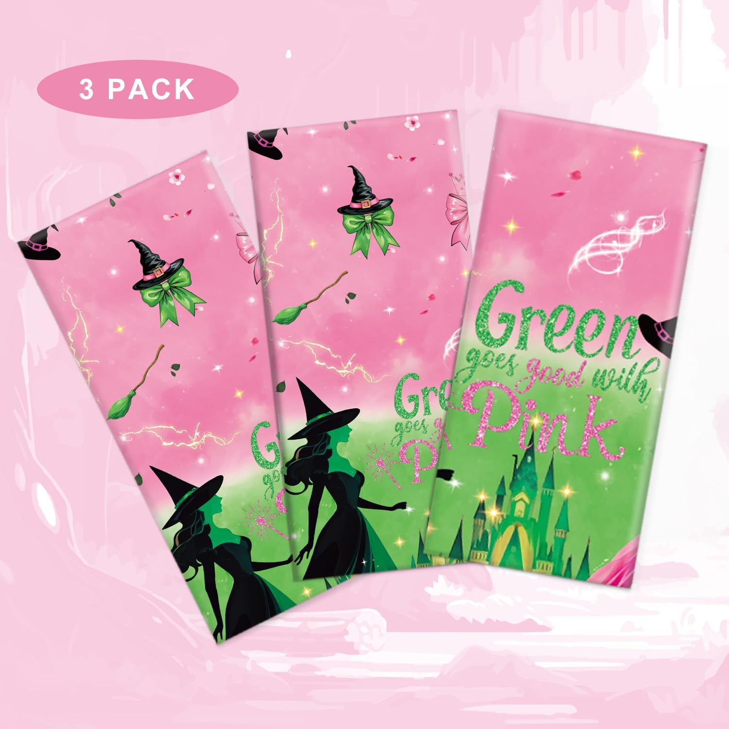 3 Pack Pink and Green Tablecloth Witch Disposable Table Cover for Pink and Green Party Decorations, 70.8 x 42.5 Inches