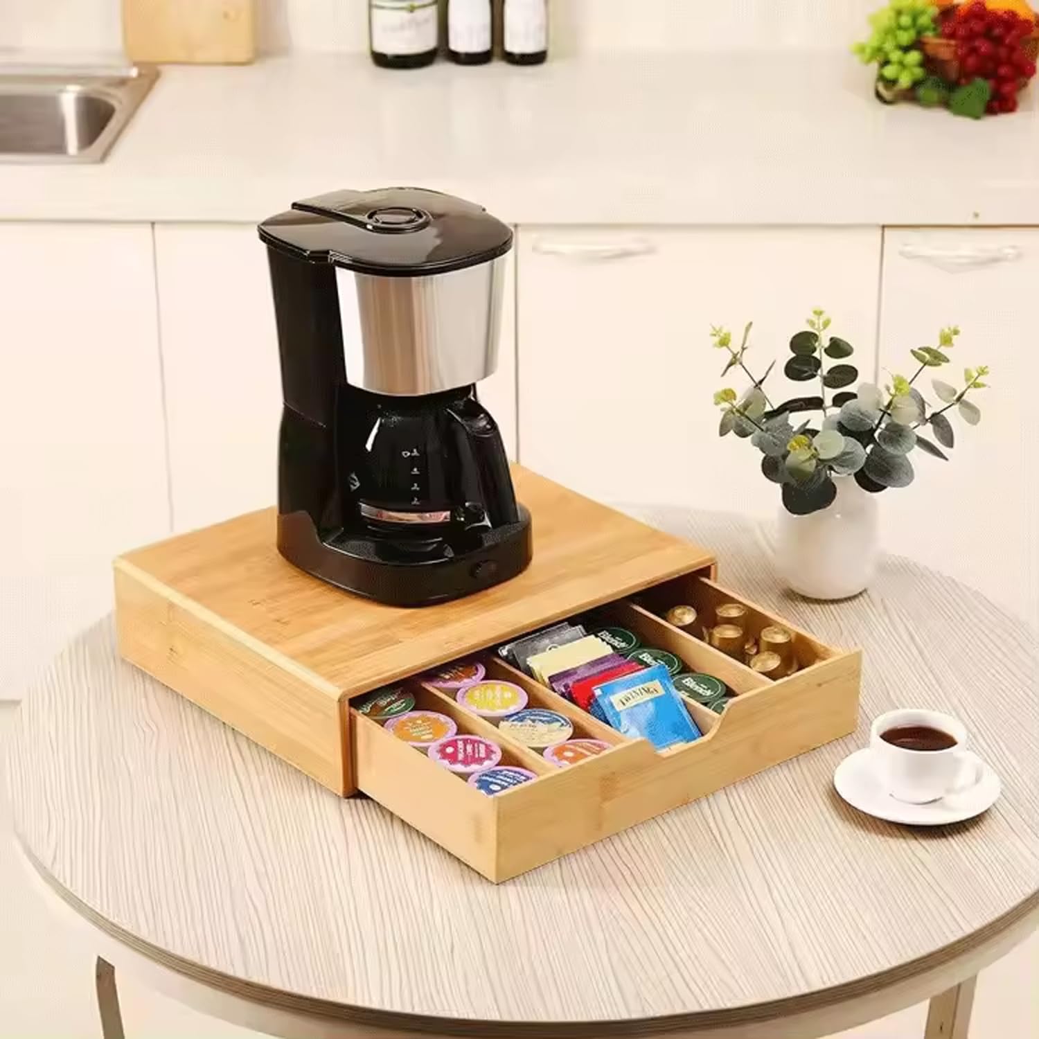 Portacapsule Bambù 1 Cassetto Scomparti Organizzatore Capsule Cialde Tisane Tè Bustine Di Zucchero Bicchierini 30,5x34,5x8Cm