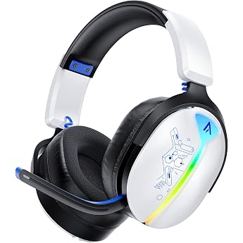 Wireless Gaming Headset with Microphone for PS5 PS4 PC Switch Bluetooth 5.3 7.1 Surround Sound Extremely Low Latency <25ms 40 Hours RGB Lights White