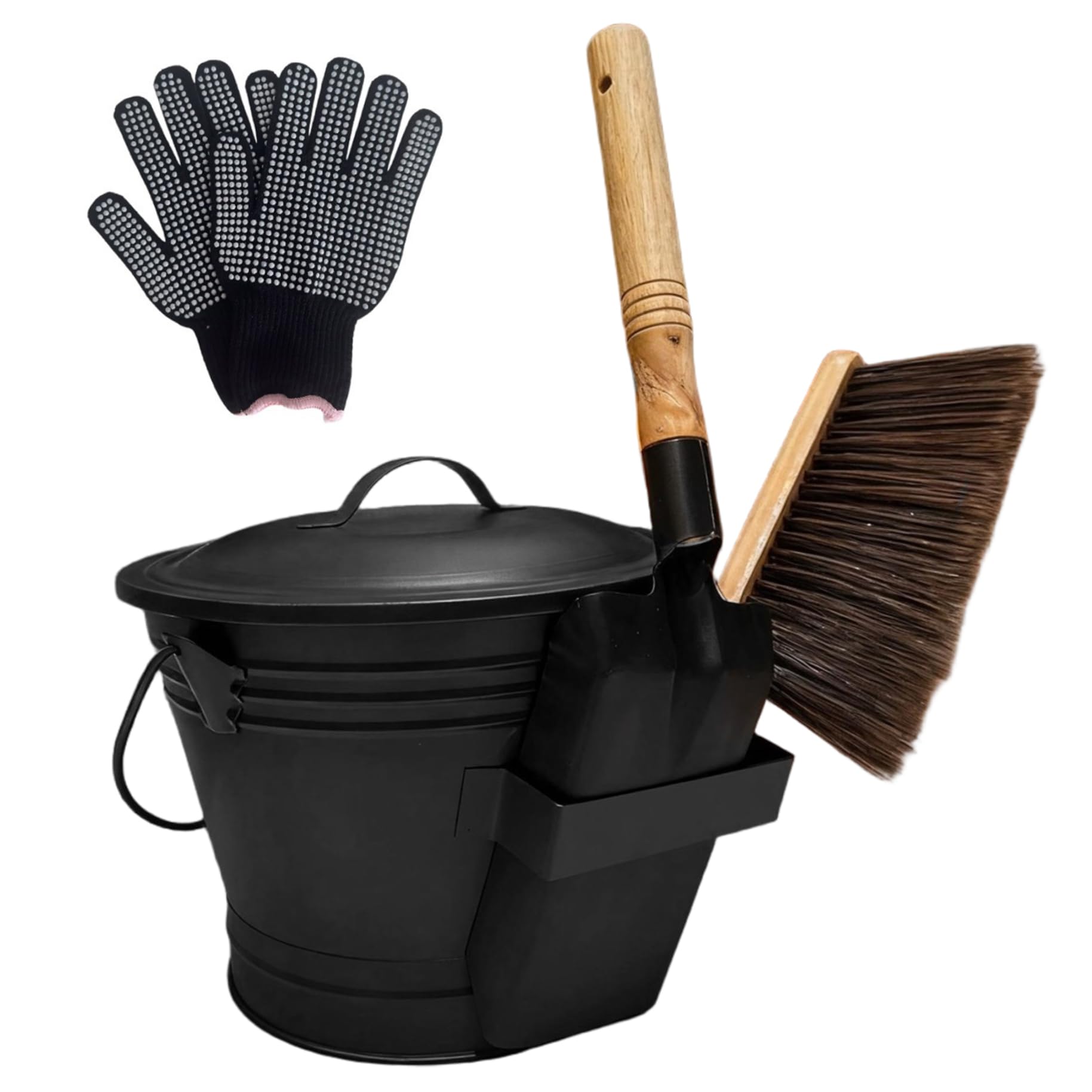 Seau à cendres de cheminée en métal avec couvercle pelle balai et gants de protection