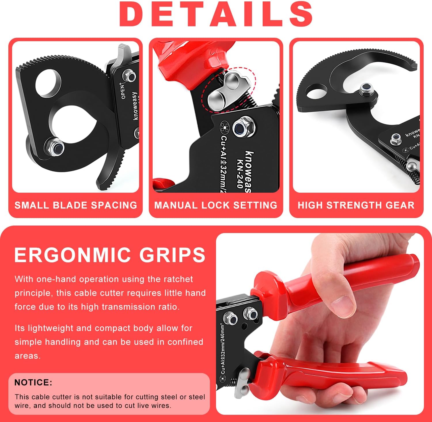 Knoweasy KN-240 Upgraded Cable Cutter and Ratchet Wire Cutter Works for Aluminum and Multi-core Cables up to 240mm