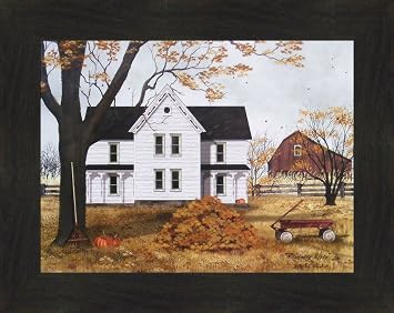 Remember When by Billy Jacobs 16x20 Farm House Barn Red Wagon Leaf Pile Raking Leaves Autumn Fall Framed Print Picture