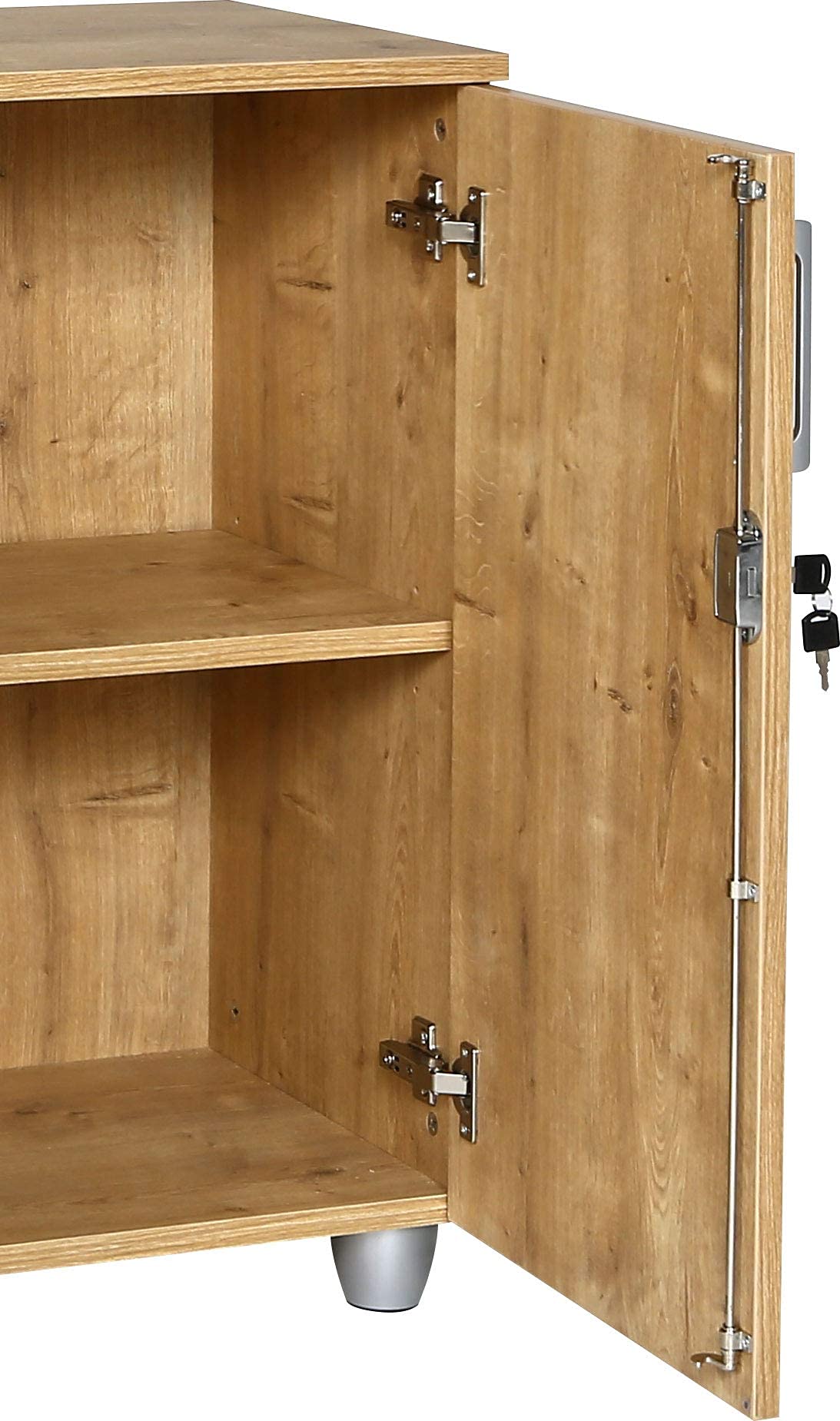 furni24 Aktenschrank mit Schloss und Fächern – Abschließbarer Holzschrank, mit 1 verstellbaren Regalbrettern, Flügeltüren und Metallscharnieren – Saphir-Eiche, 80x80x40 cm