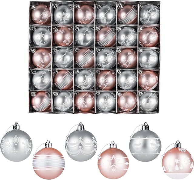 ilauke 30 Christmas Baubles Shatterproof, 6cm Christmas Ball Set, Hanging Christmas Tree Balls, Xmas Ornaments Decorations, Pink & Sliver