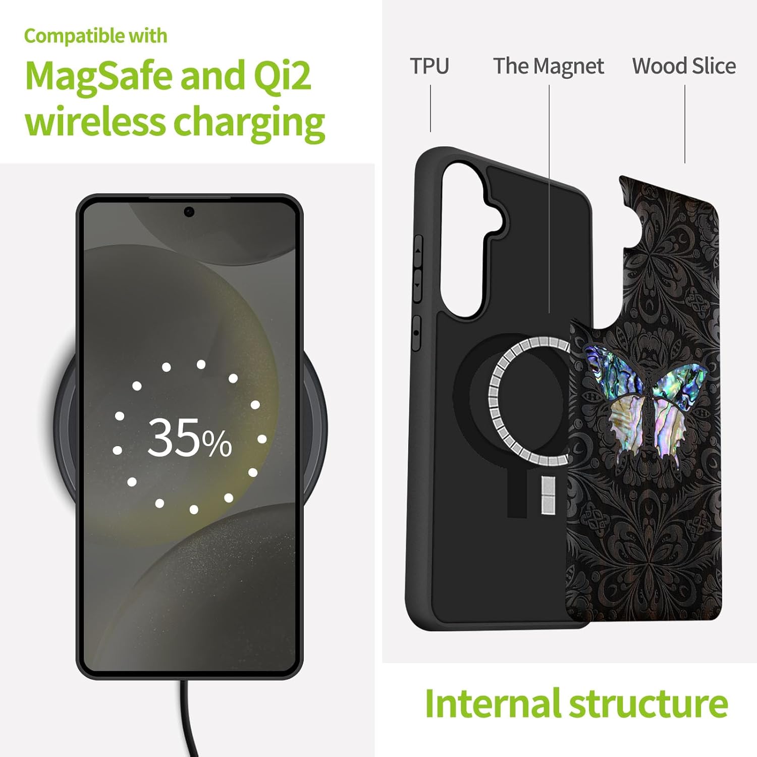 Carveit Magnetic Wooden Case for Galaxy S25+ / S25 Plus Case, Wood Artisan Engraved & Handmade Shell Inlaid, Compatible with MagSafe Wireless Chargers (Baroque Butterfly) Blackwood