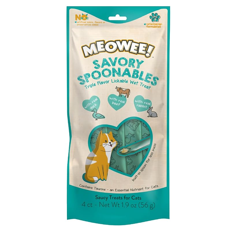 Petisco úmido para gatos MEOWEE! com pato, carne bovina e coelho, colher integrada, Pacote com 4 unidades (54 g)