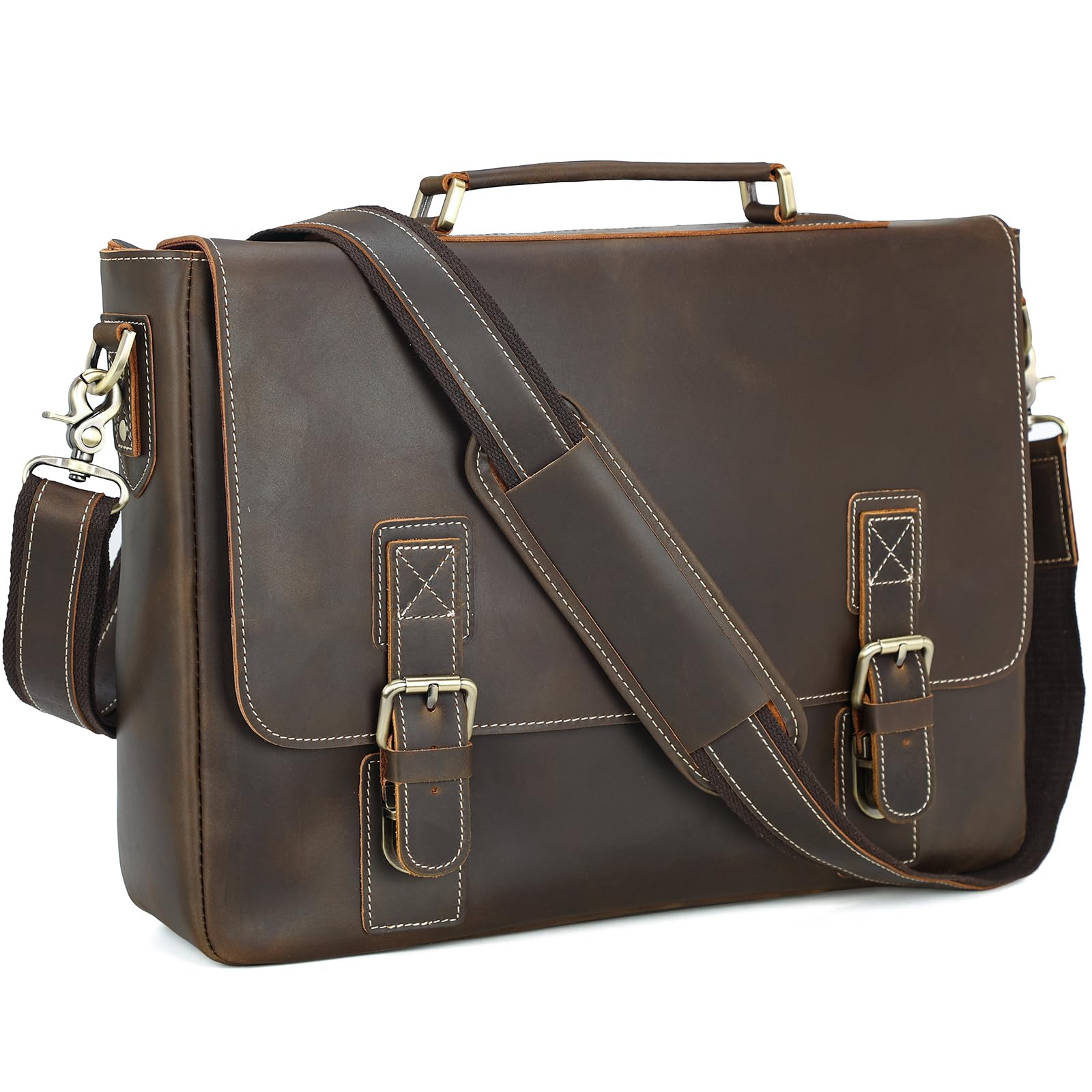 Polare Vintage Full Grain Leather Tote Briefcase Professional 16 Laptop Shoulder Messenger Bag with YKK Metal Zippers Dark
