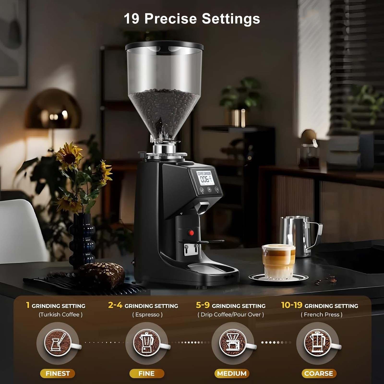 Molinillo De Espresso Comercial - Muelas Planas De Acero Inoxidable De 60 Mm | 19 Niveles De Molienda | DosificacióN Programada | Molinillos De Café CóNicos EléCtricos De Bajo Ruido,White-200G