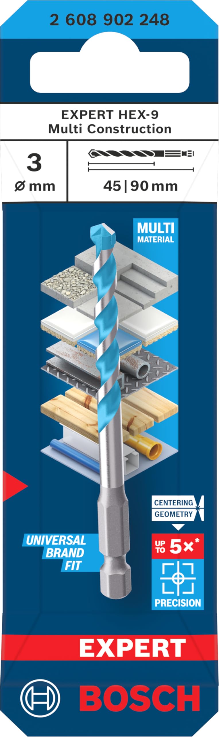 Bosch 1x Wiertło EXPERT HEX-9 Multi Construction (do Beton, Miękkie płytki ceramiczne, Ø 3,00 mm, Professional Akcesoria Wiertarki)