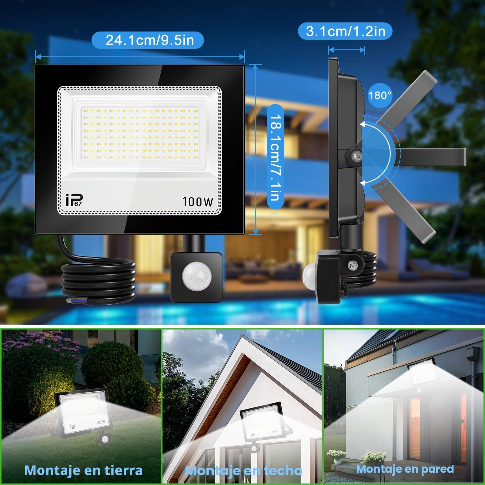Foco Led Exterior con mando a distancia 100W，Focos Led con Sensor Movimiento, Iluminación de Exterior Seguridad,7000K Blanco Frío, IP67 Impermeable 10000LM, para Patio, Garaje, Entrada