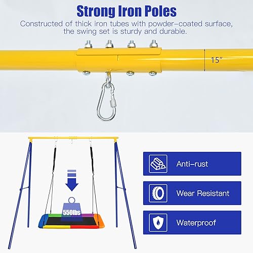 Miniatura 5 de HONEY JOY Juego de marcos de columpio de metal de 550 libras con columpio de plataforma de 70 pulgadas, soporte de columpio resistente para niños