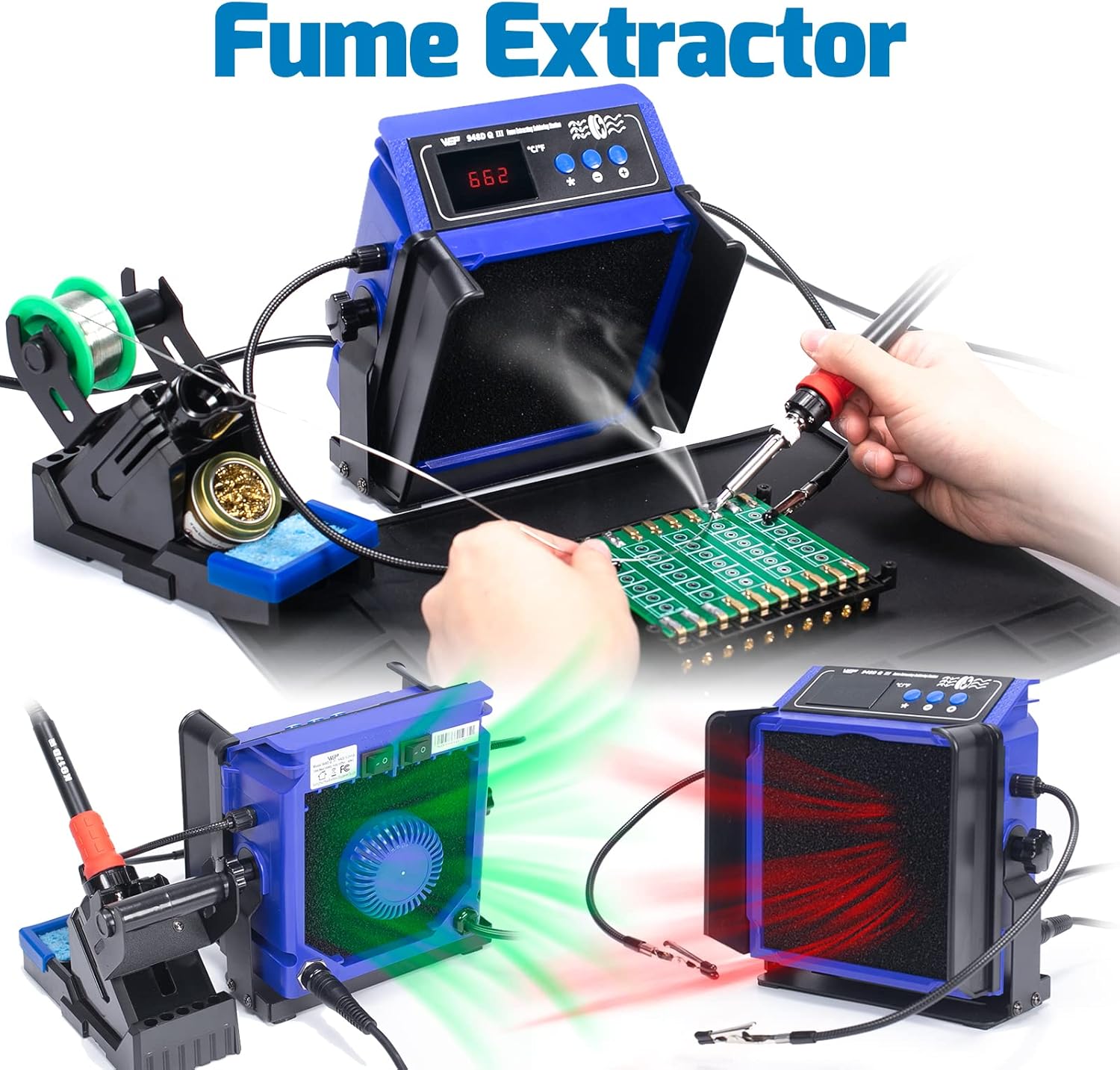 WEP 948DQ-III Fume Extractor Double Filtering with 110W Soldering Iron Station 2-in-1 Solder Smoke Absorber, with PID Control, ℉/℃, Sleep Mode, Tip Cleaner, 3 Soldering Tips, 35g Solder