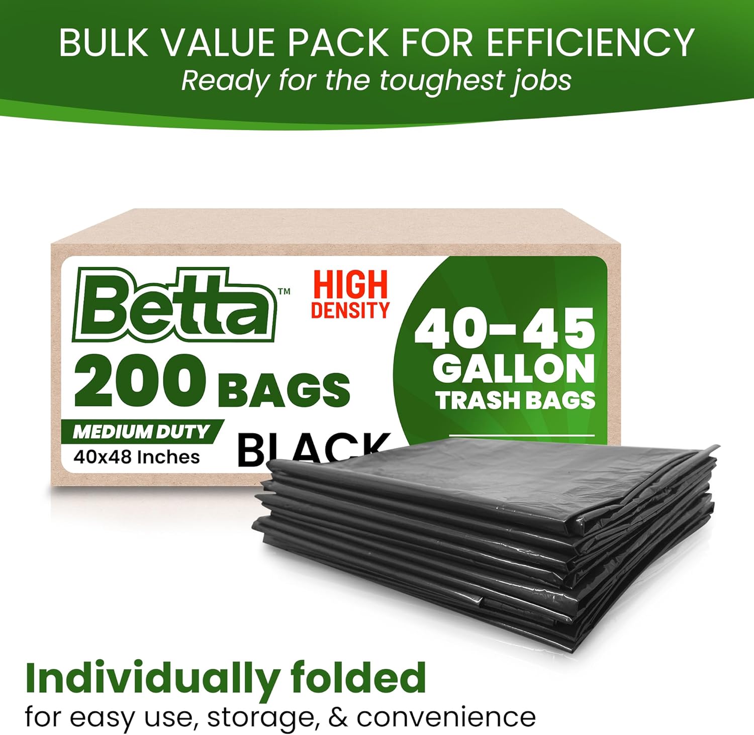 Betta 40-45 Gallon Black High-Density Trash Bags, 200 Count Box, (40x48-inch) Commercial Medium-Duty Garbage Can Liners