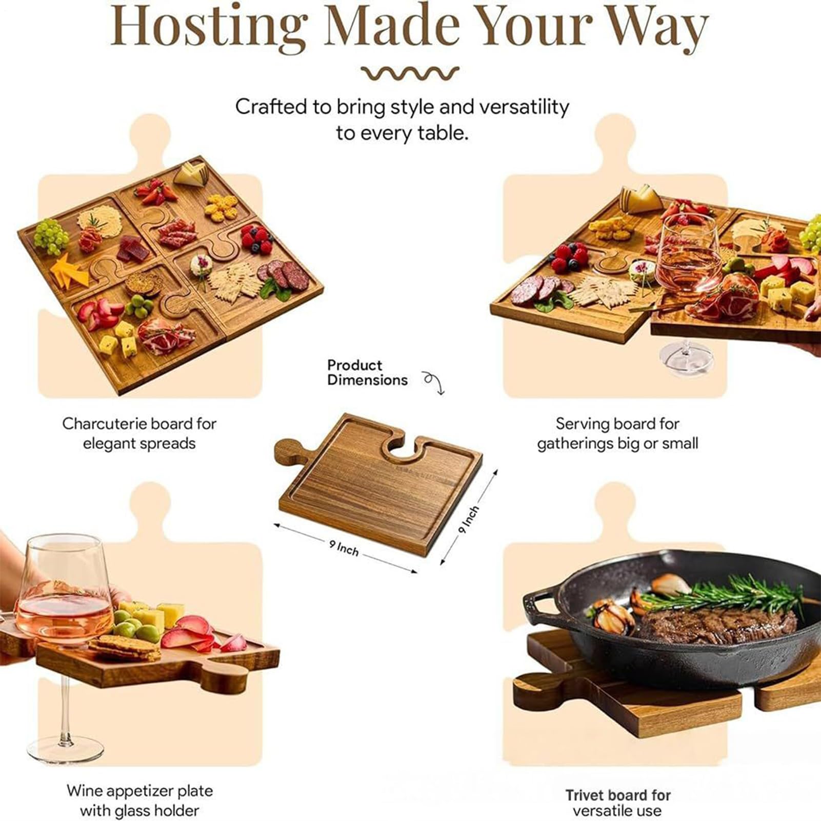 Bandejas De Servir Para Presentación Moderna De Madera Tipo Puzzle | Tabla de Quesos y Embutidos con Asas Para Snack Tarta Postre Cocina Hogar Sala De Estar De Estreno Buffet De Vacaciones