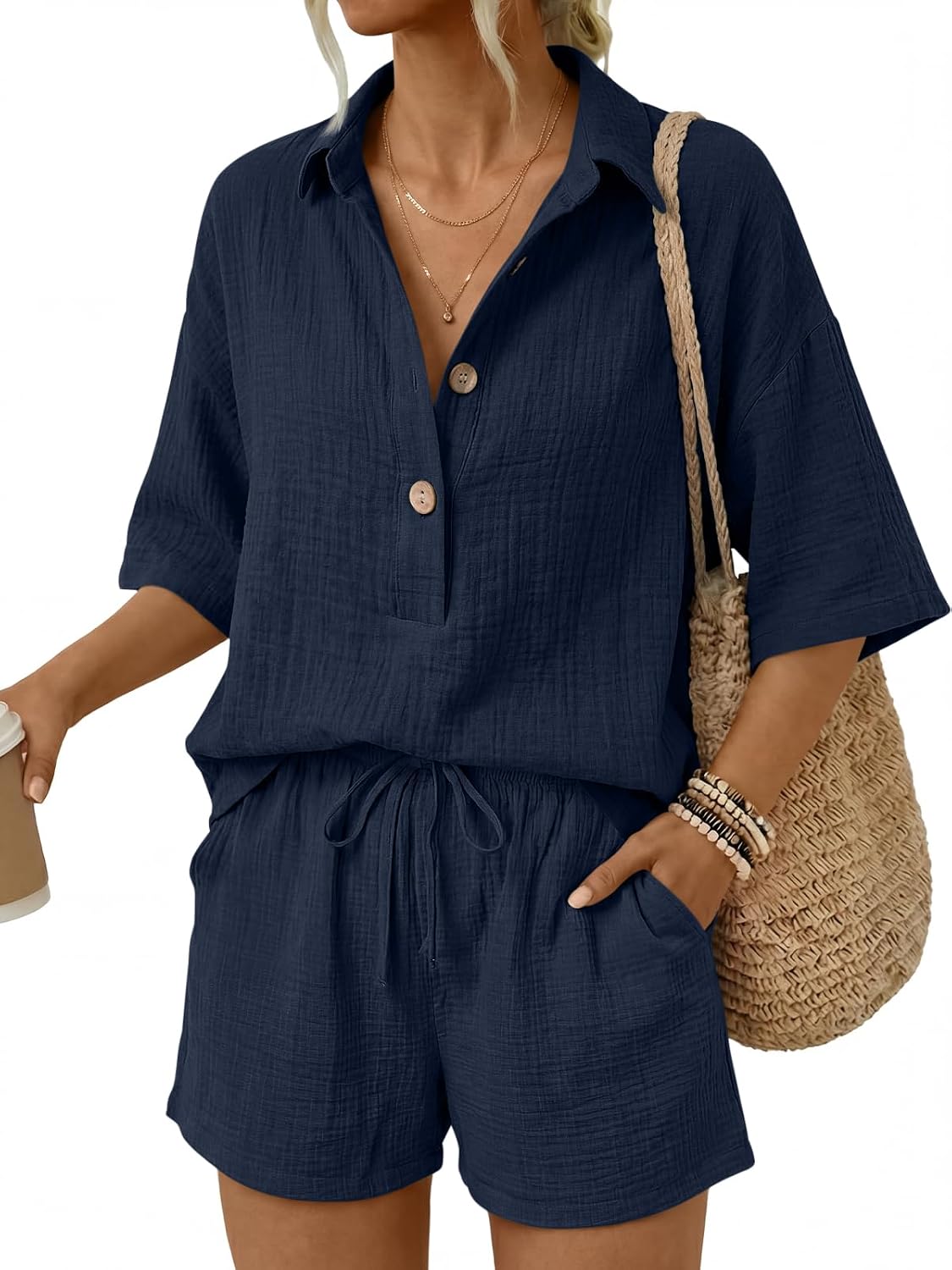 LILLUSORY Women 2 Piece Linen-feel Short Set Summer Outfit | Beach Vacation Outfit,Oversized Matching Short Sets,LightWeight,Button,Cotton Pajamas,Short Sleeve,Lounge set,Breathable