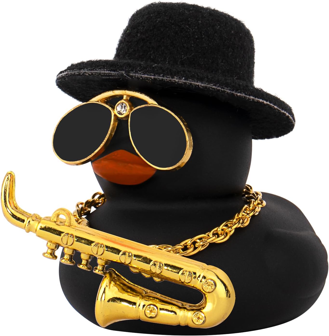 wonuu Car Dashboard Ducks, Saxophone Decor Rubber Duck Car Ornaments with Mini Top Hat Necklace Sunglasses (Black)
