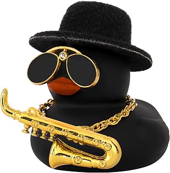 wonuu Car Dashboard Ducks, Saxophone Decor Rubber Duck Car Ornaments with Mini Top Hat Necklace Sunglasses Black