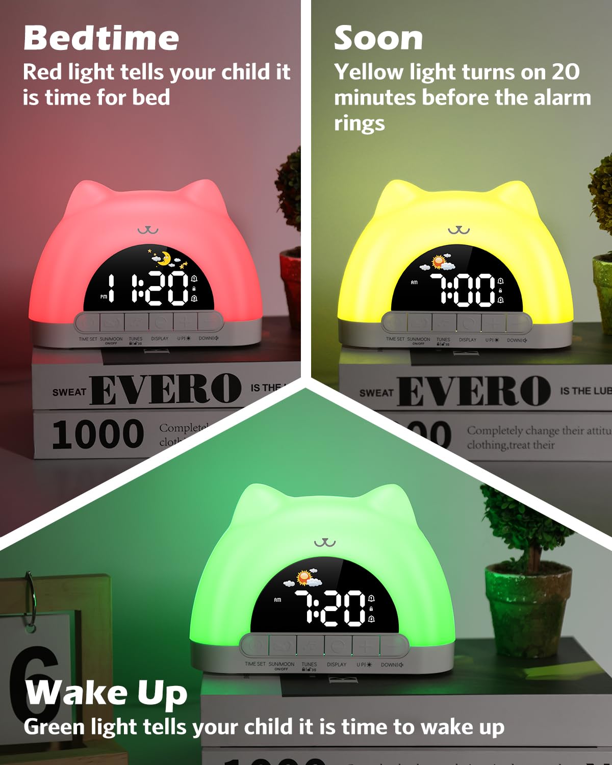 Reveil Enfant Educatif Jour Nuit, Reveil Lumineux avec Veilleuse 11 Couleurs RGB, Snooze, 2 Alarme, Réveil Numérique pour Enfants avec Lune et Soleil, Entraîneur de Sommeil Fille Garçon