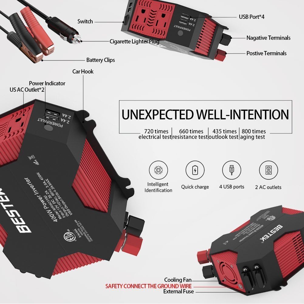🛒 Crаzу Dеаlѕ BESTEK 400W/500W DC 12V 110V Inverter with 4 USB Charging Ports, Power Converter with 2 AC Outlets Battery Clip Charger, Car Adapter (Upgrade Version)