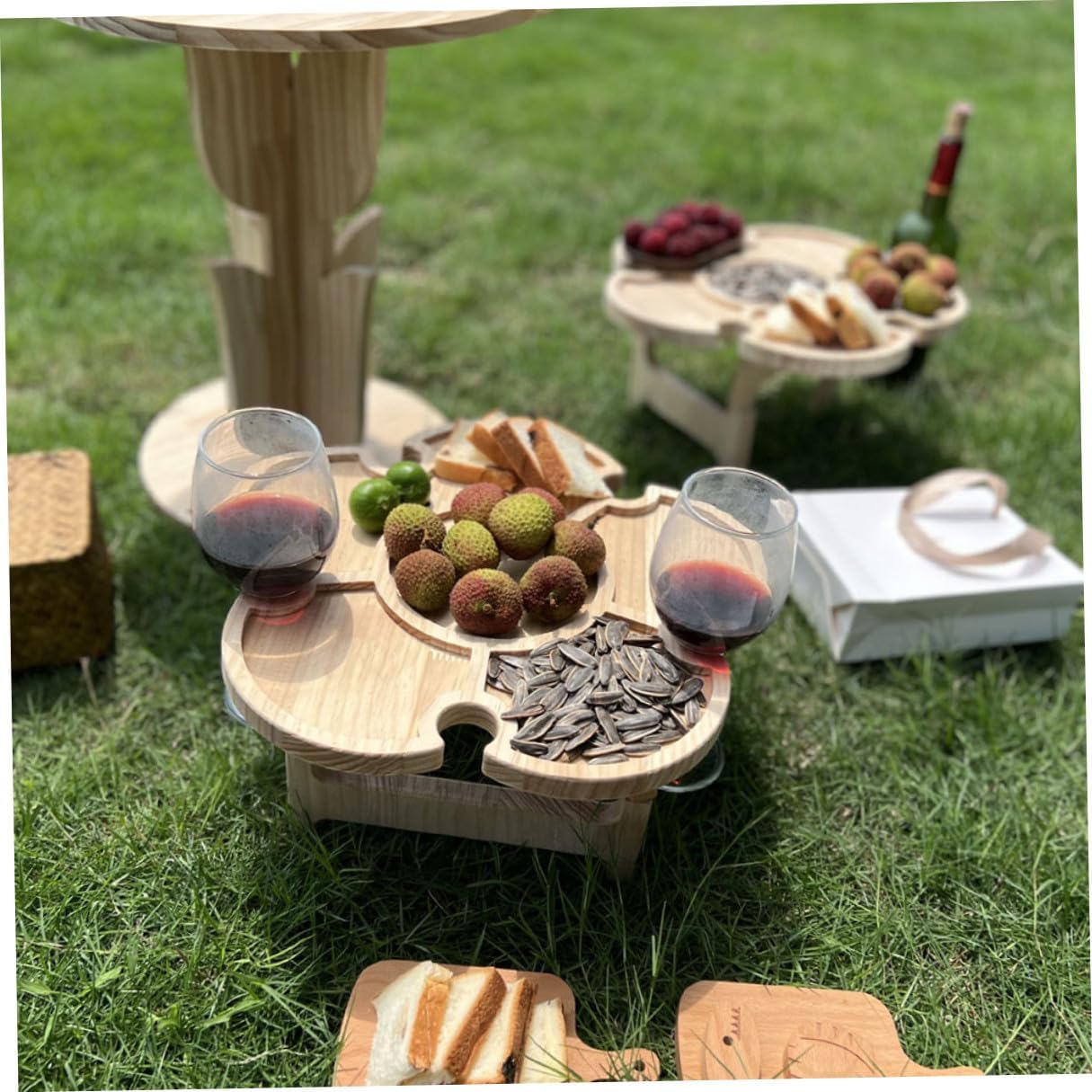 Lurrose Portable Folding Wine Table for Outdoors, 35cm Wooden Petal Shape Picnic Table with Beverage Rack, Beach and Camping Picnic Supplies