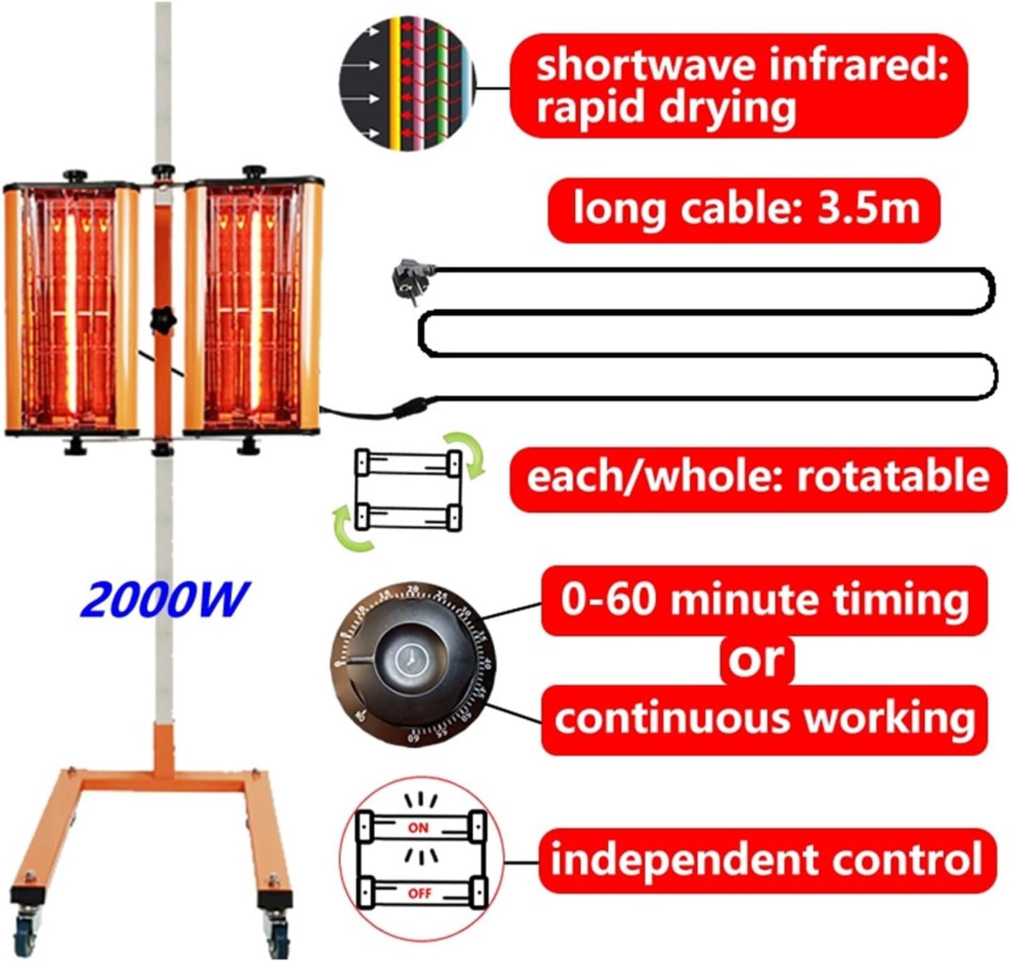 Infrared Paint Drying Lamp 2000W Shortwave Curing Light for Auto Repair, Car Body Lacquer Drying Tool, Quick Varnish Heater for Efficient Paint Drying and Curing