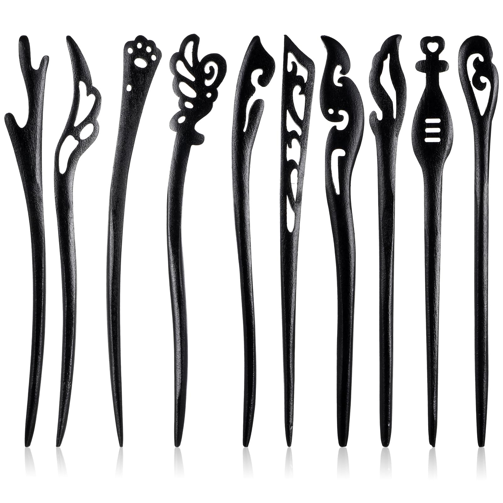 Muiltvoe 10Pcs Wooden Hair Sticks, Vintage Chinese Hair Chopsticks Black Japanese Hair Pins for Buns Chignon Hairs Forks Accessories for Women Girls Long Hairs