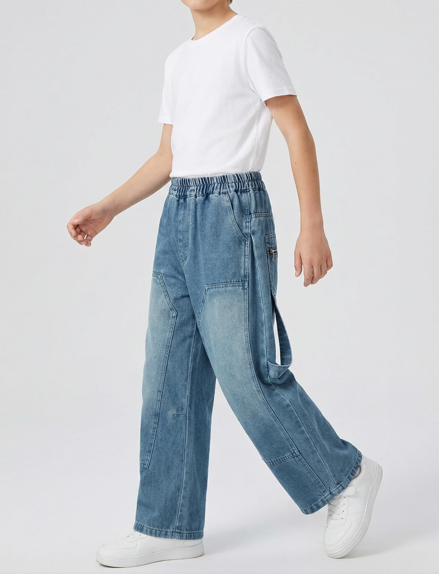 SEAUR Pantalones de mezclilla holgados de pierna ancha para niños, cintura elástica, pantalones de mezclilla para niños, pantalones cargo vintage Y2K, algodón, 6-15 años