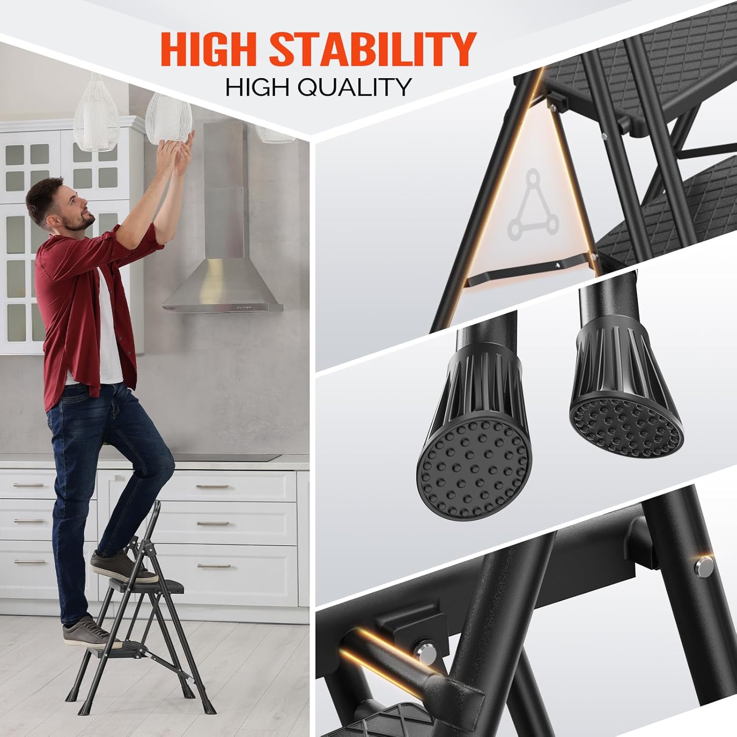 LUISLADDERS 2 Step Ladder, Folding Step Stool with Widened Anti-Slip Pedal, 500lbs Sturdy Ladder, 2 Step Foldable, Lightweight, Convenient Handgrip, Multi-use for Home Kitchen Pantry Office, Black